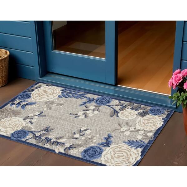 3' X 4' Blue And Gray Floral Indoor Outdoor Area Rug 3' X 4' Blue And Gray Floral Indoor Outdoor Area Rug