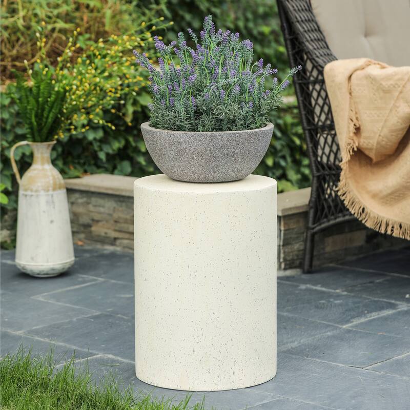 Off White with Speckled Grey Cement Round Indoor Outdoor Side and End Table - 17.91" H x 12.99" Diameter