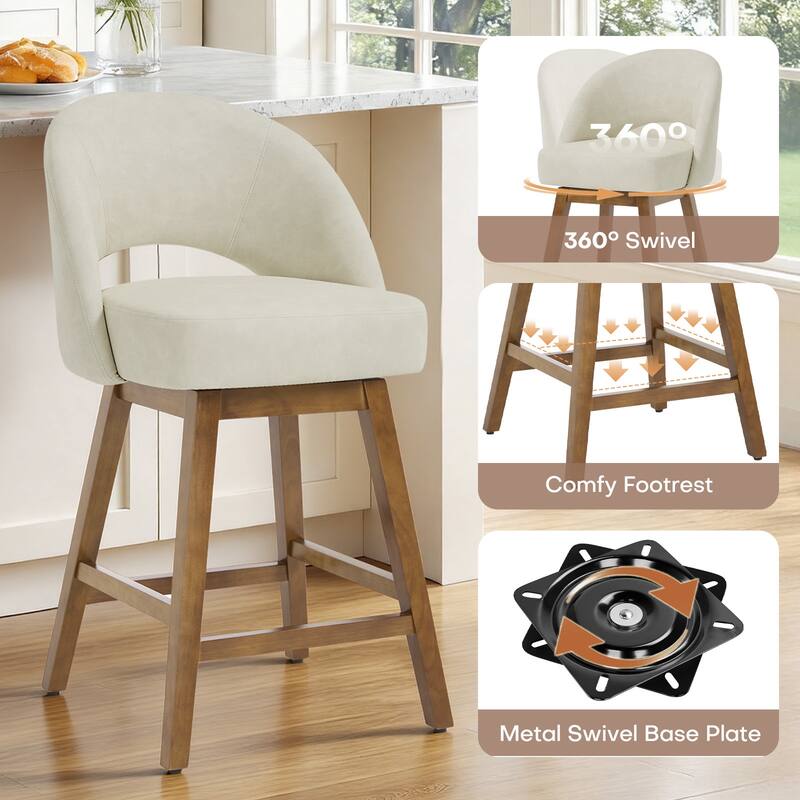 Upholstered Swivel Counter Height Bar Stools with Cutout Back and Solid Wood Frame - 38.2"H x 22.1"W x 23.6"D