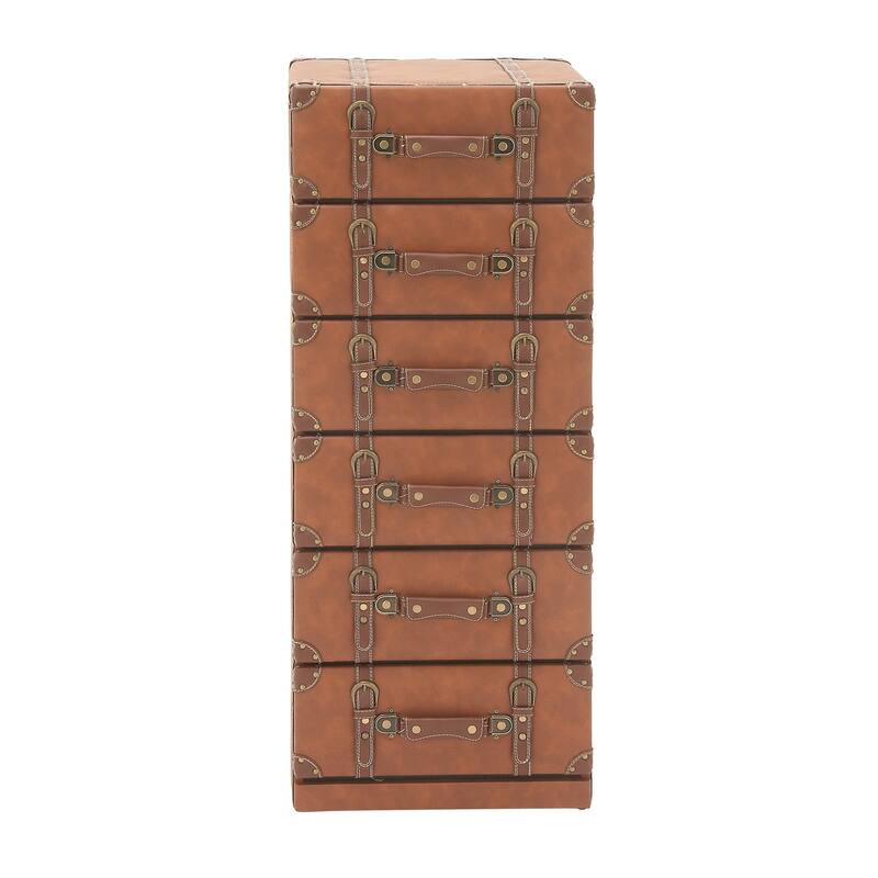 Wooden Faux Leather 5 or 6 Drawers Chest with Buckle and Strap Detailing - Brown - Roche River Decor - 16"W, 42"H