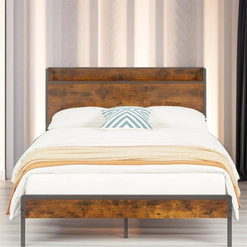 Metal Bed Frame with Charging Station and Slats - Full