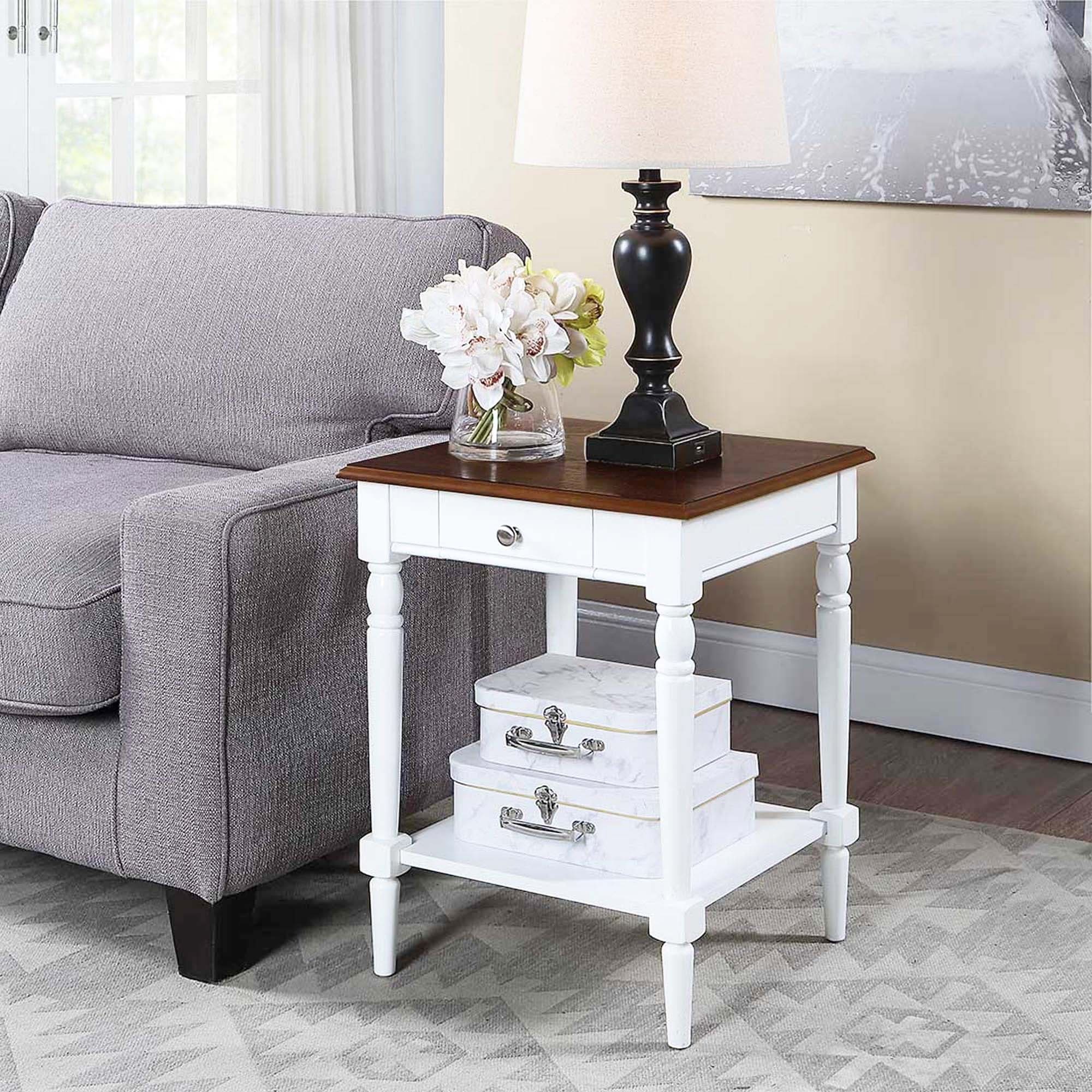 White French Country End Table with Drawer and Shelf - 18-inch Length x 18-inch Width x 24-inch Height