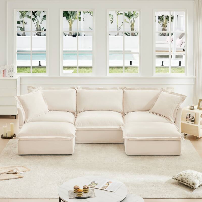 Modern 3 Seater Upholstered Sofa with 2 Ottomans and 2 Pillows