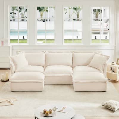 Modern 3 Seater Upholstered Sofa with 2 Ottomans and 2 Pillows