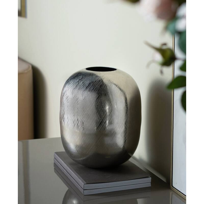 10.5x10.5x13" Aluminum Vase with Silver Streak Finish Modern Home Decor