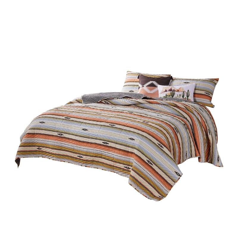 3 Piece Microfiber Full Size Quilt Set with Chevron Print, Multicolor