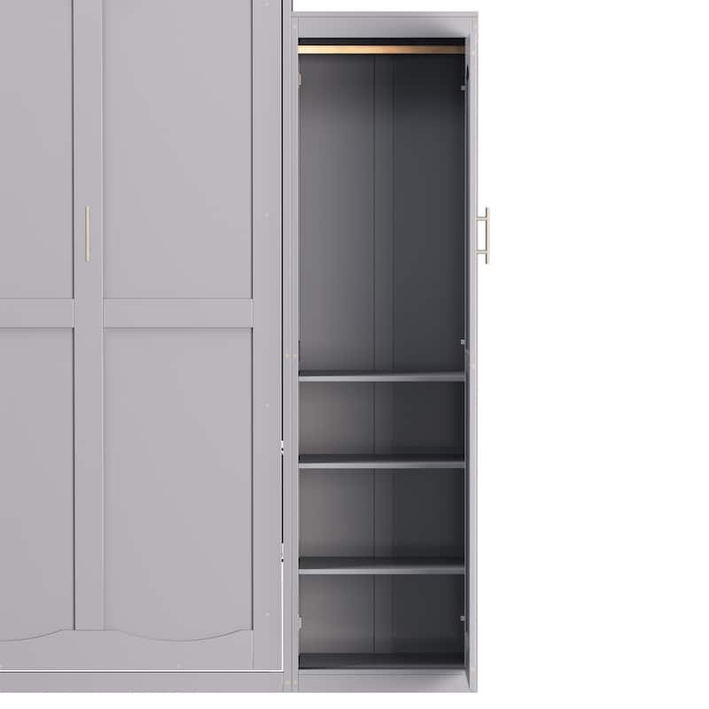 Queen Size Wood Murphy Bed with 2 Wardrobe and Storage Shelf
