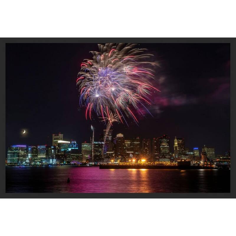 City of Boston MA Fireworks over the Harbor Photography by Wayne Collamore Framed Poster - 24 x 36 Inch