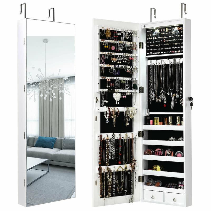 Gymax Wall & Door Mounted Mirrored Jewelry Cabinet Storage Organizer - White