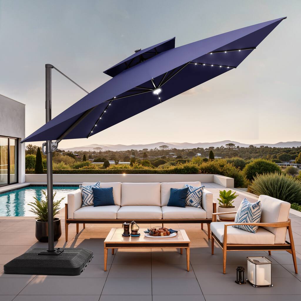 11 FT Square Outdoor Patio Cantilever Umbrella with Solar Lights 4-Piece Premium Base Double Canopy 360 Rotation Tilt
