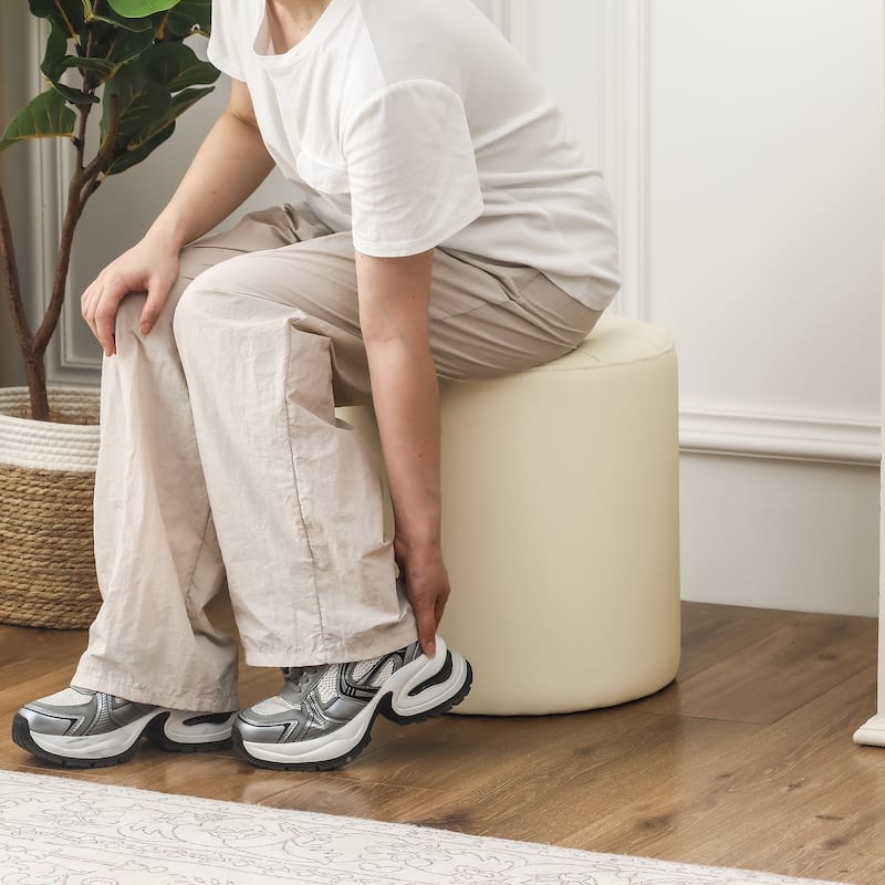 Adeco Round Ottoman Upholstered Tufted Faux Leather Footrest