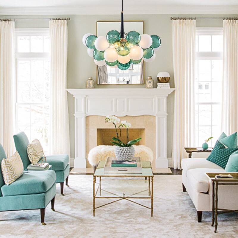 French 5-Light White Green Bubble Cluster Glass Globe Chandelier - 25.6 Inches