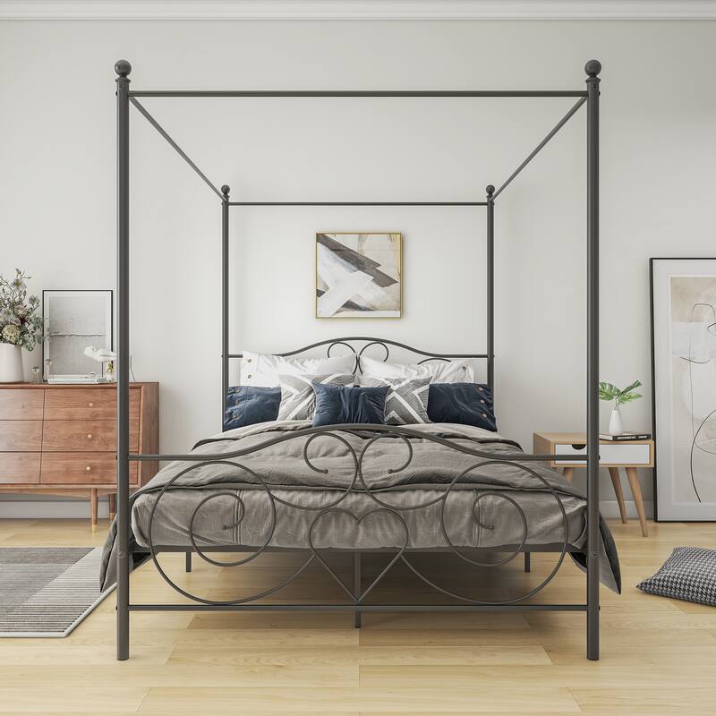 Canopy Metal Bed Frame with Vintage Style Headboard & Footboard ，Easy DIY Assembly All Parts Included - Black-queen - Queen