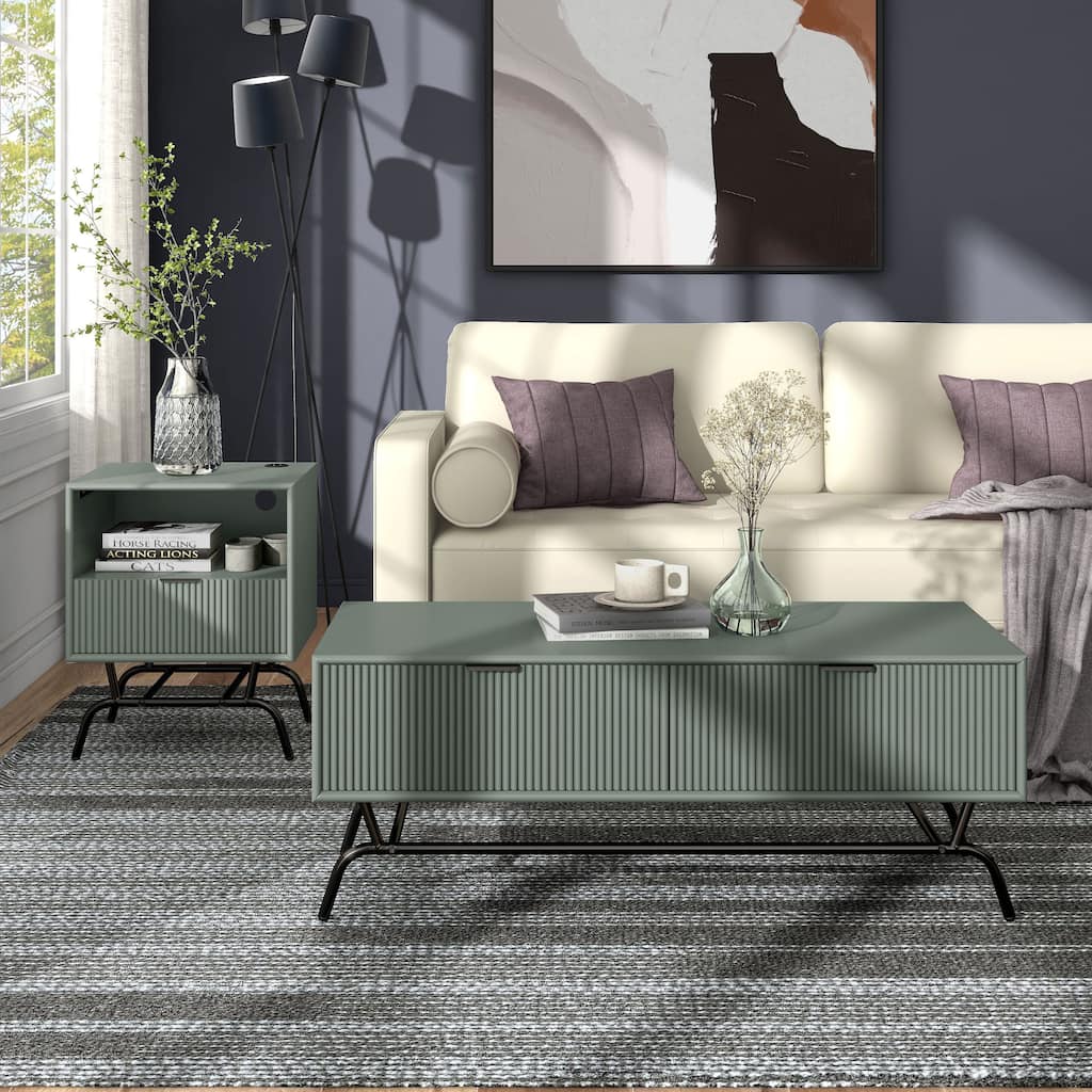 DH BASIC 2-Piece Modern Coffee Table and End Table Set with 3D Wave Accented Drawers by Denhour