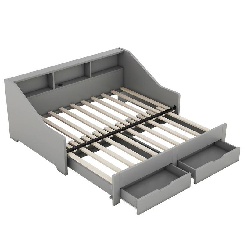 Twin to King Size Daybed Frame with Storage Bookcases and Two Drawers,Charging Design