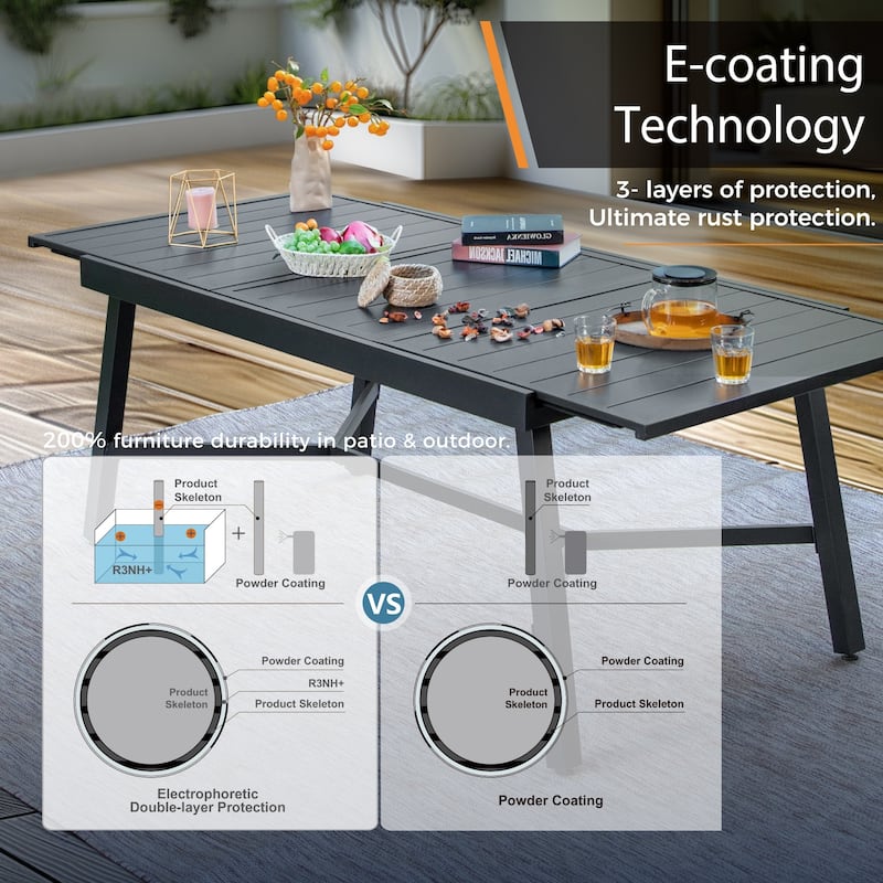 Expandable Metal Patio Dining Table for 6-8, Adjustable Legs, Black Grate Top