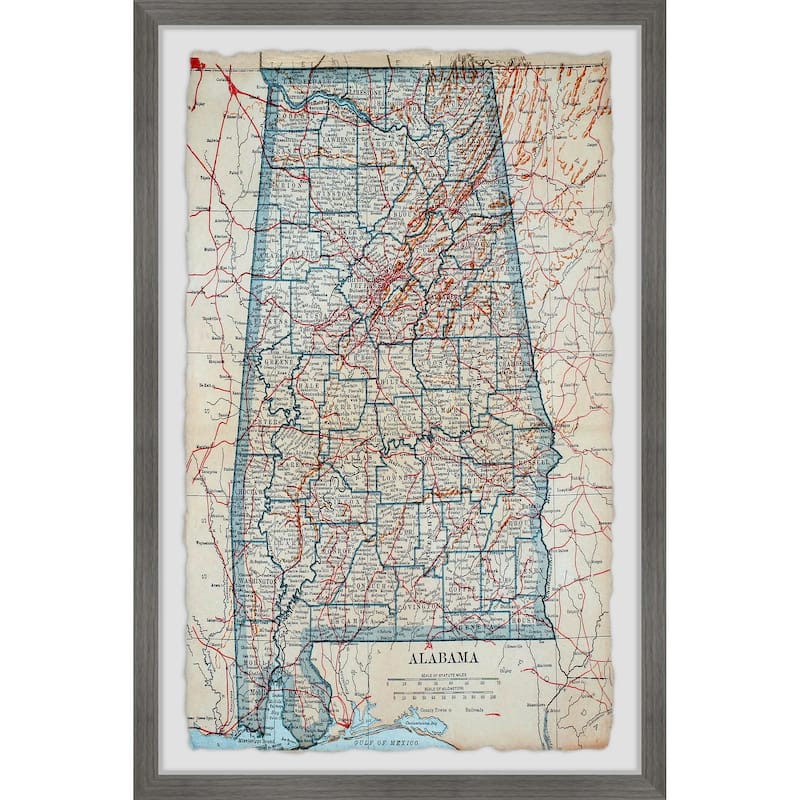 'Blue Alabama Map' Framed Painting Print