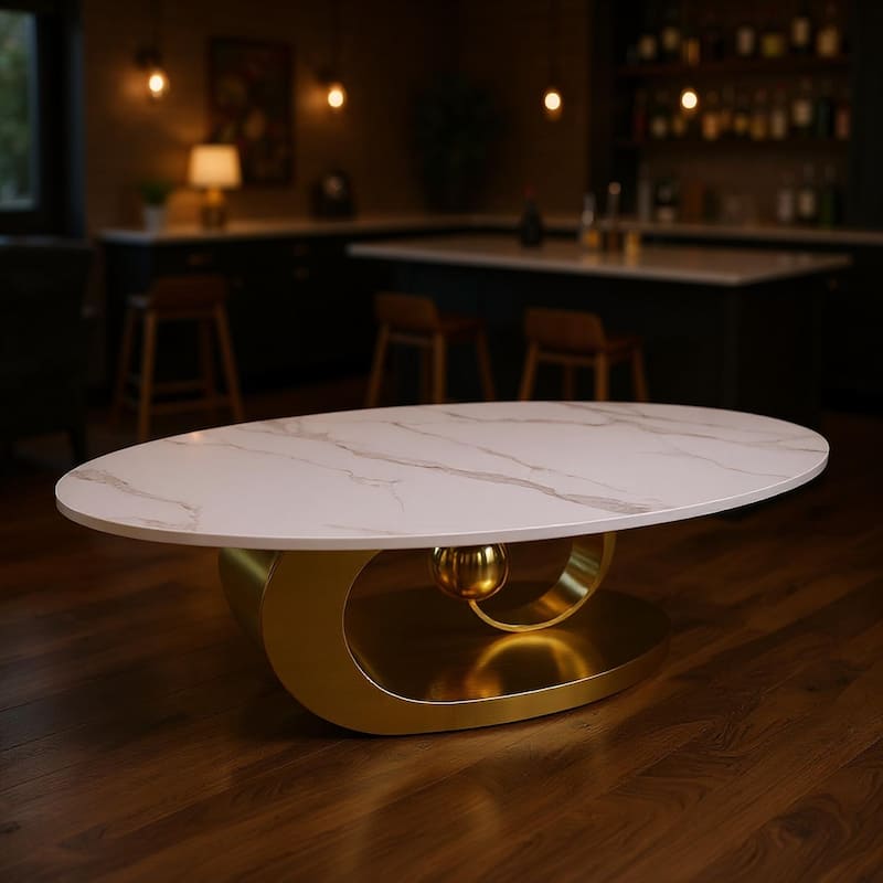 Homy Casa Marble Coffee Table with Sculptural Base Bar - White