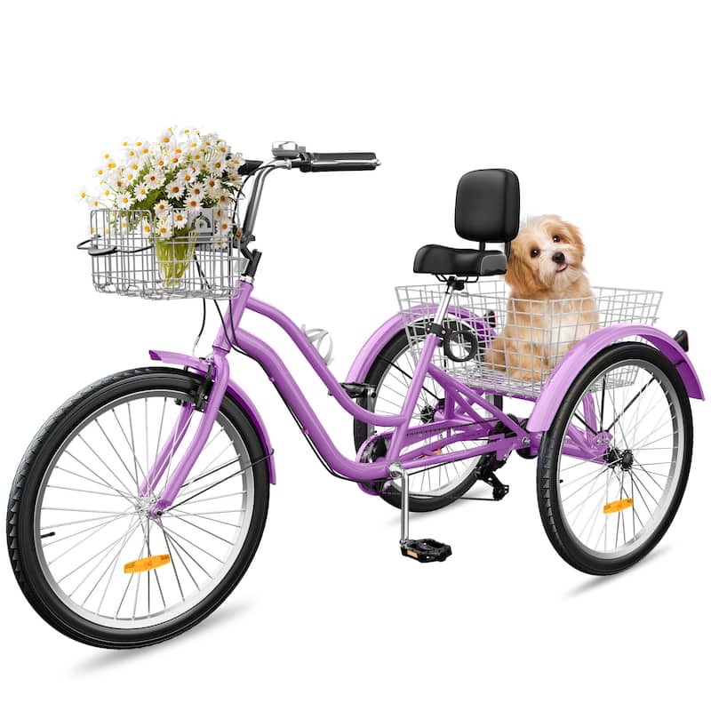 Moasis 26" Adult Tricycle 3 Wheel Bikes 7 Speed Trike Low Step Through Cruiser Bike - Purple