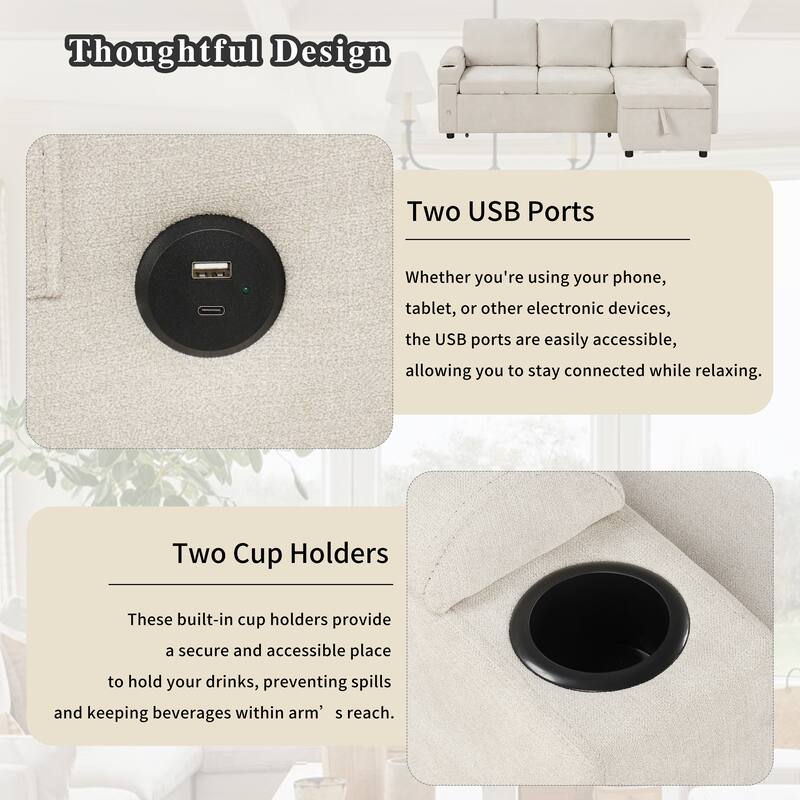 L-Shaped Convertible Sofa Bed with Reversible Chaise Lounge, Chenille Fabric Sectional Sofa with 2 Cup Holders & 2 USB Ports