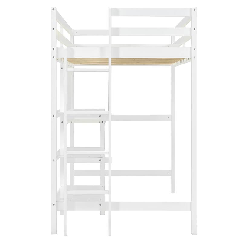 Twin Size Wooden Loft Bed with Built-In Desk, 3-Tier Shelves, Writing Board and Safety Guardrails, Space-Saving Design