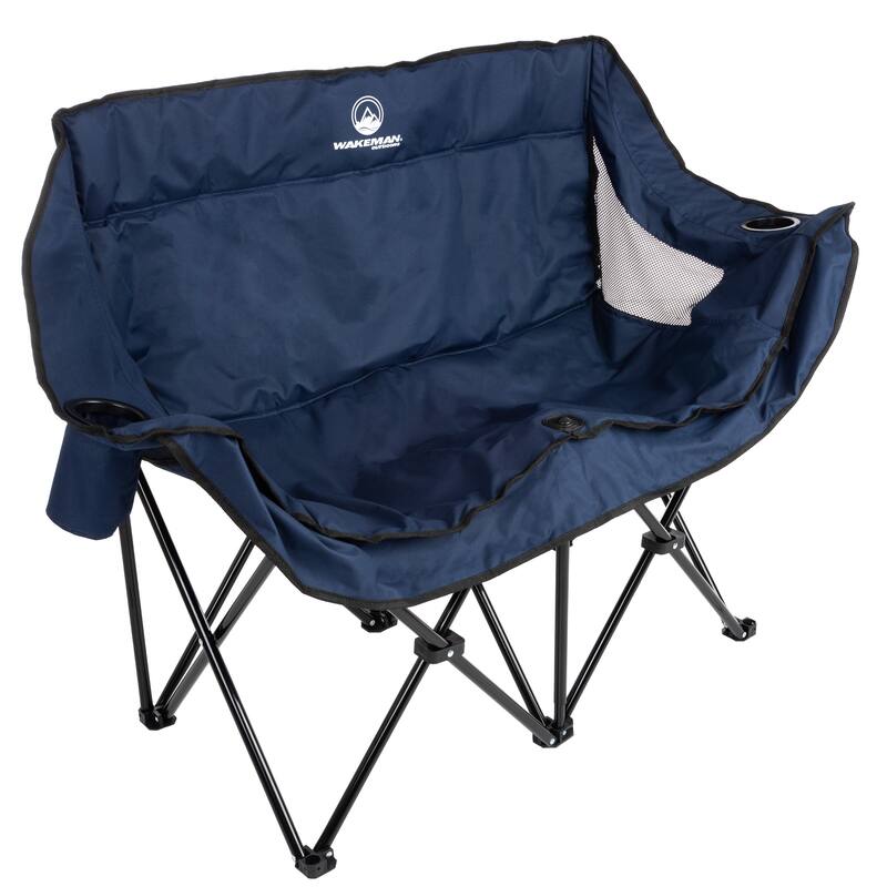 Double Camping Chair - Foldable Portable Couch with 2 Cupholders and Padded Seats - Two-Person Camp Chair by Wakeman Outdoor - Blue