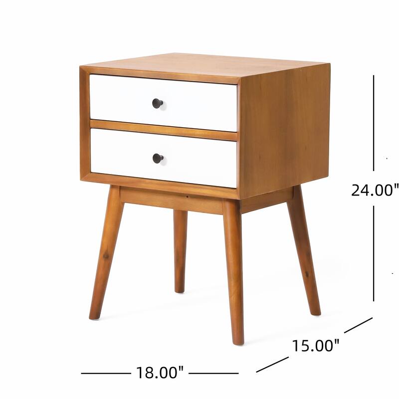 Mid-Century Acacia Wood Nightstand - 2 Drawers, Brass Accents