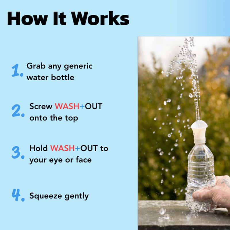 Wash+Out Portable Emergency Eyewash Cup, Screws onto Water Bottles (White 3PK - Clear 10PK)