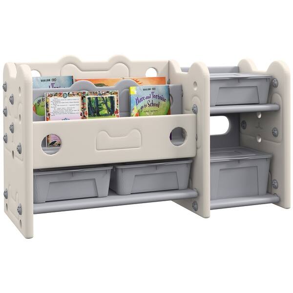 slide 2 of 11, Kids Toy Storage, 2 Tier Toy Organizer with 4 Storage Boxes & Bookshelves for Kids Room, Nursery, Playroom Cream