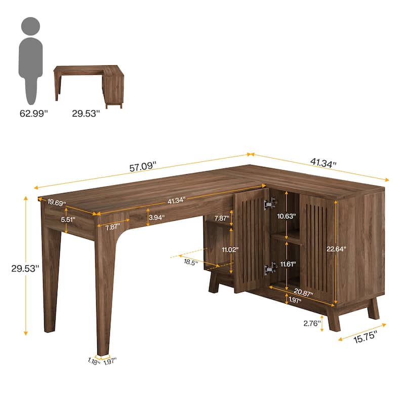 57'' Wood L-Shaped Corner Computer Desk Writing Table with Cabinet