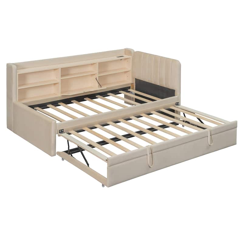 Velvet Upholstered Twin Daybed with Trundle, Storage Shelves & USB Charging (Beige)