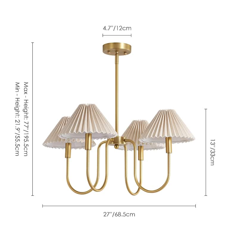 4-Light Mid-Century Modern Chandelier in Brushed Gold/Matte Black Chandelier with Pleated Shades for Living Room