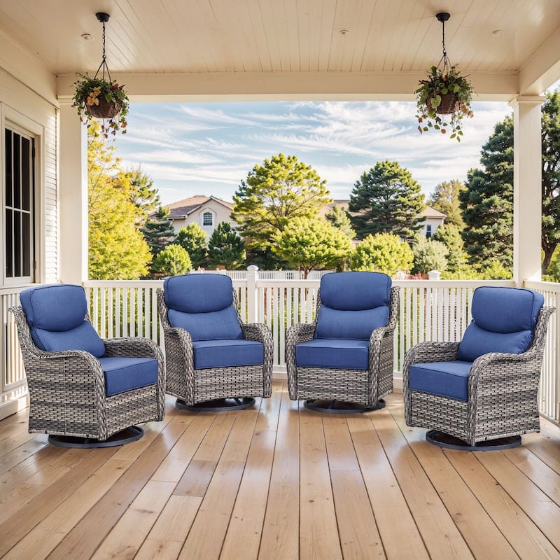 Pocassy Patio Furniture Set with Swivel Chairs, All Weather Patio Wicker - Grey Wicker Blue Cushion - 4PCS Swivel Chair