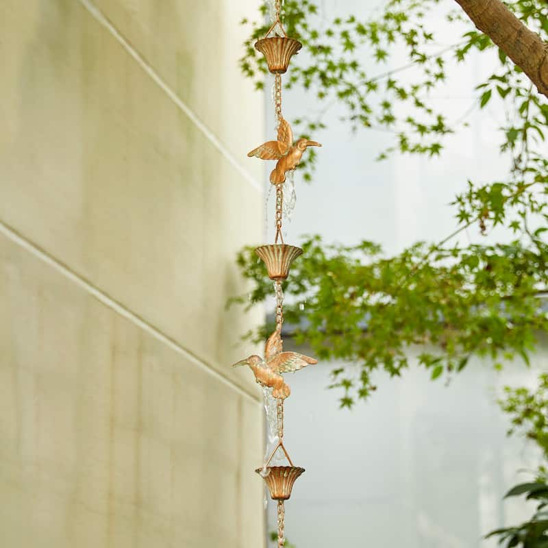 Glitzhome 8.5ft Faux Copper Gold Hummingbirds & Cups Rain Chain with V-Shaped Gutter Clip