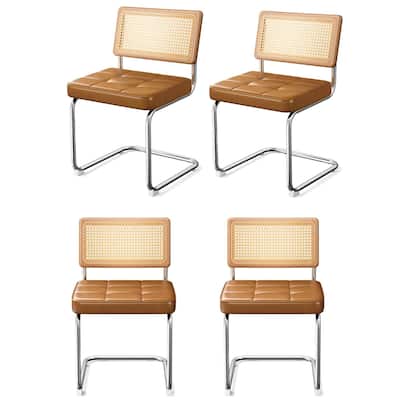 Natural Rattan Dining Chairs Set of 4, Mid Century Breuer Design Inspired, Upholstered Faux Leather
