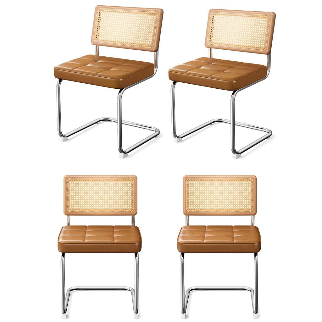 Natural Rattan Dining Chairs Set of 4, Mid Century Breuer Design Inspired, Upholstered Faux Leather