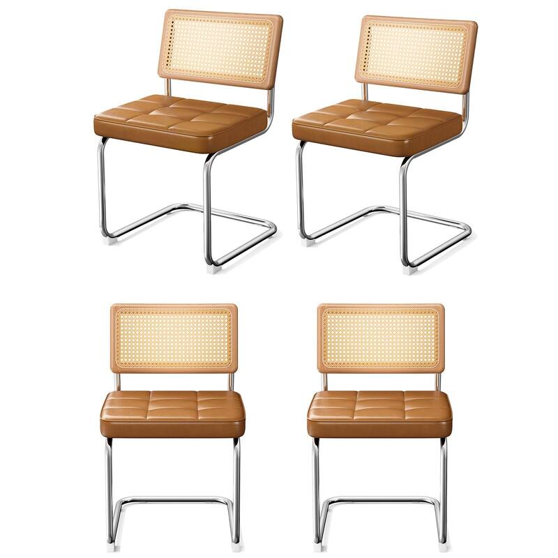 Natural Rattan Dining Chairs Set of 4, Modern Dining Room Chairs with Solid Wood Back, Upholstered Faux Leather - Brown