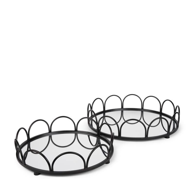 HomeRoots Set of Two Black And Silver Metal And Mirrored Glass Round Vanity Trays - 18.90 in. x 4.33 in. x 18.90 in.