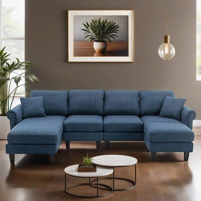 Polyester UShaped 4Seat Sectional Sofa with Ottomans, Navy Bed Bath