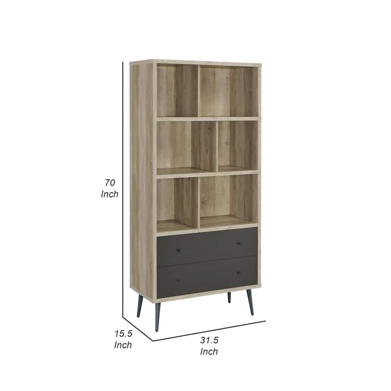 70 Inch Bookcase, 3 Shelves, Vertical Dividers, 2 Drawers, Brown, Gray