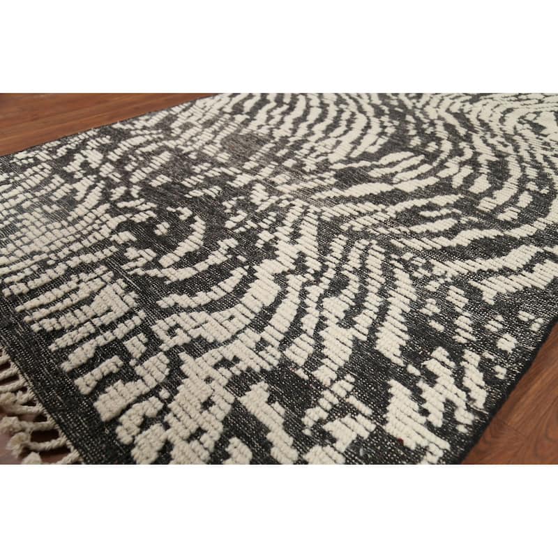 Black & White Moroccan Abstract Area Rug Hand-Knotted Wool Carpet - 4'0"x 6'2"