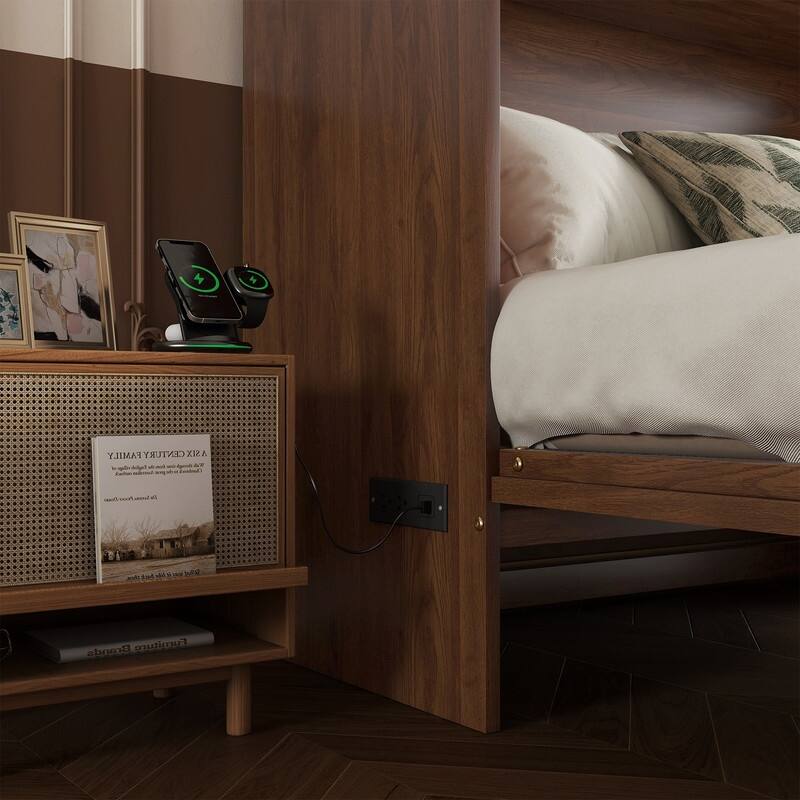 Murphy Bed Cabinet with Large Storage Drawer, Wood Hideaway Wall Bed Frame with USB Ports, Rattan Decoration Panel