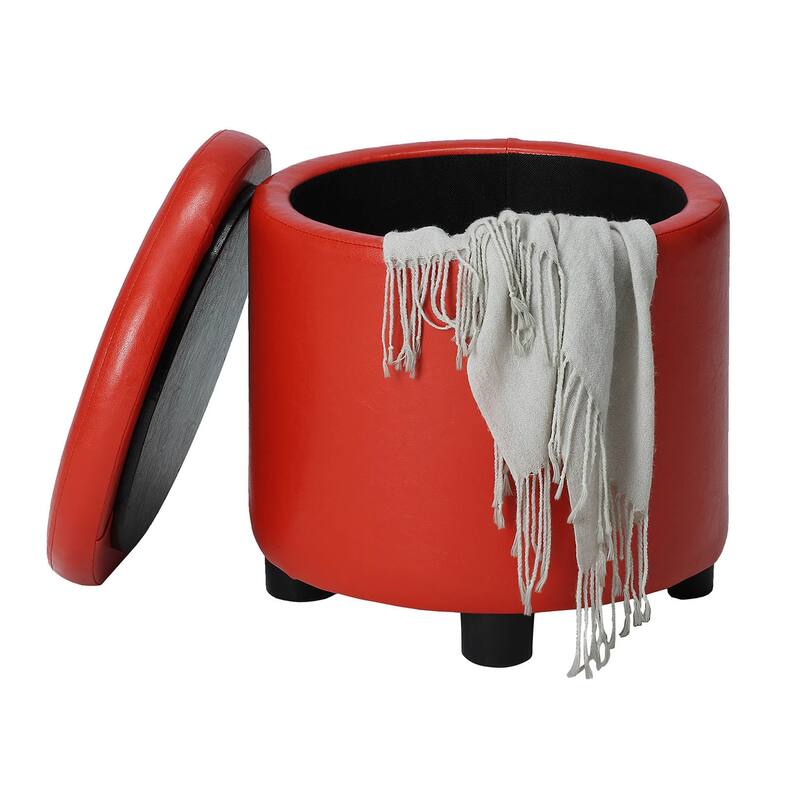 Modern Round Accent Storage Ottoman with Reversible Tray Lid for Seating, Serving and Compact Storage Solutions