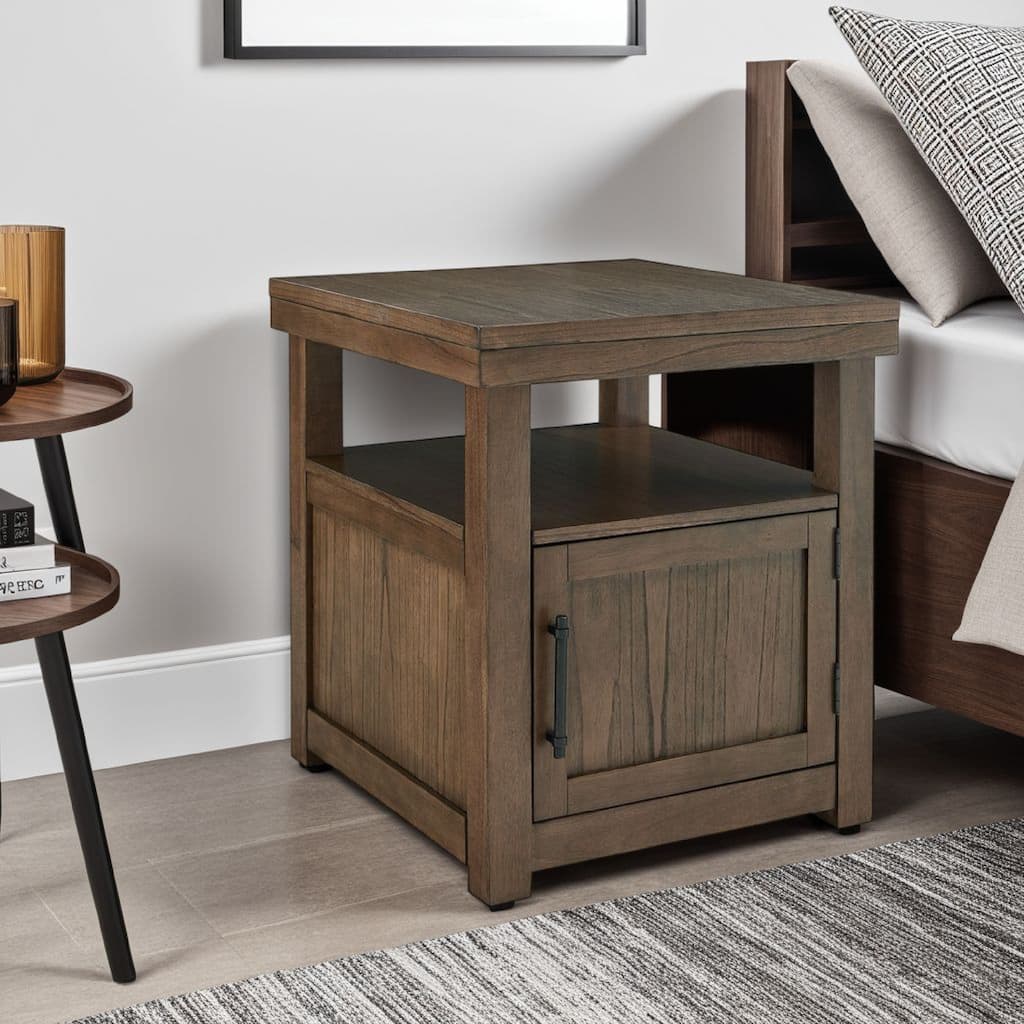 Olaf Side End Table, Open Shelf and Cabinet, 26 Inch Brown Acacia Wood