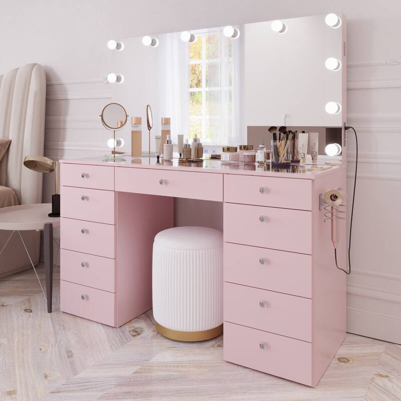 Makeup Vanity Desk, Glass Top, 12 LED Lights BT Speakers & 11 Drawers