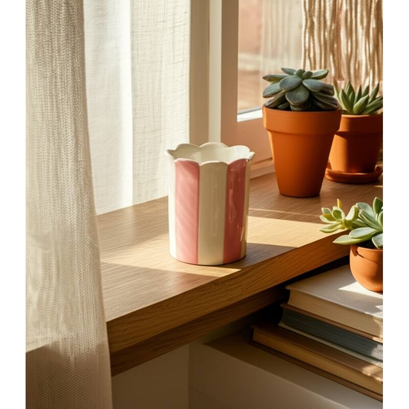 Boho Striped Ceramic Storage Container with Scalloped Rim - 4"