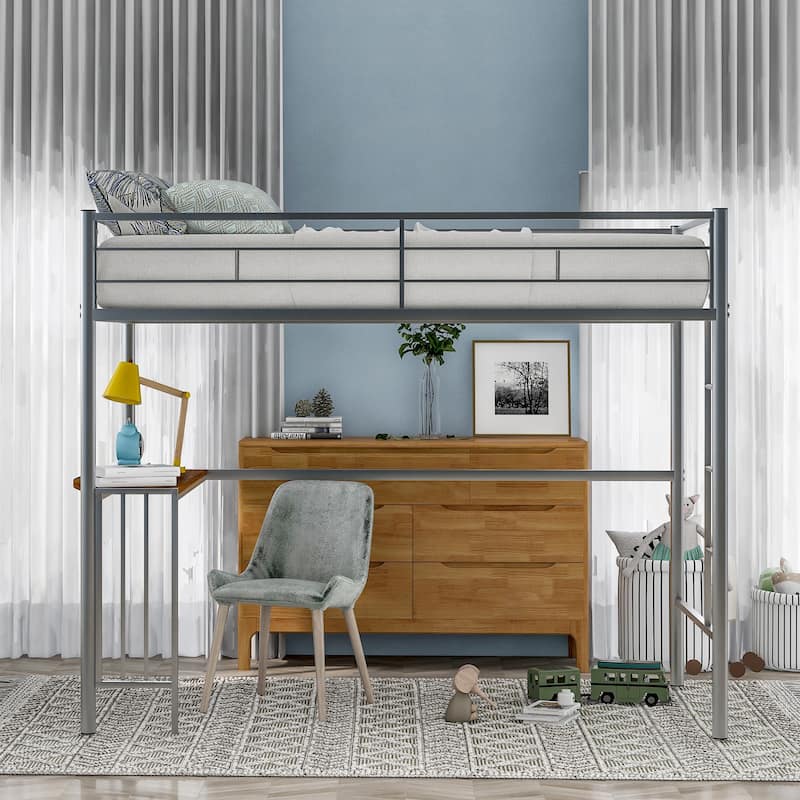 Twin Metal Loft Bed with Desk, Ladder and Guardrails, Loft Bed for Bedroom, Silver - Silver