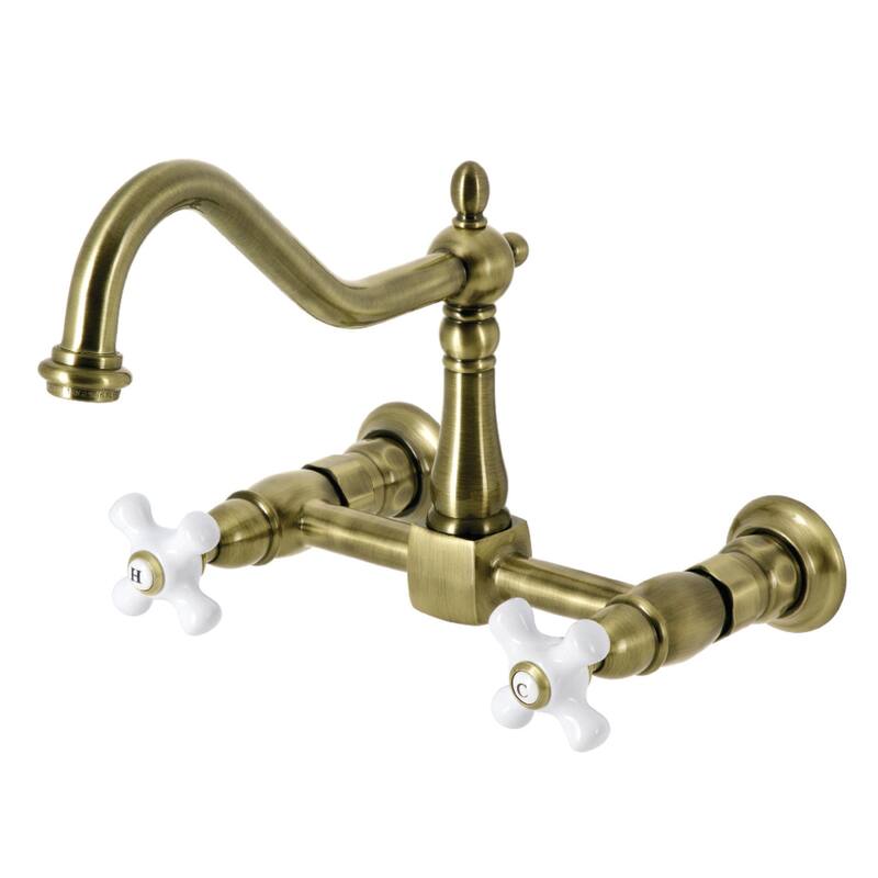Heritage Two-Handle Wall Mount Bridge Kitchen Faucet - Antique Brass