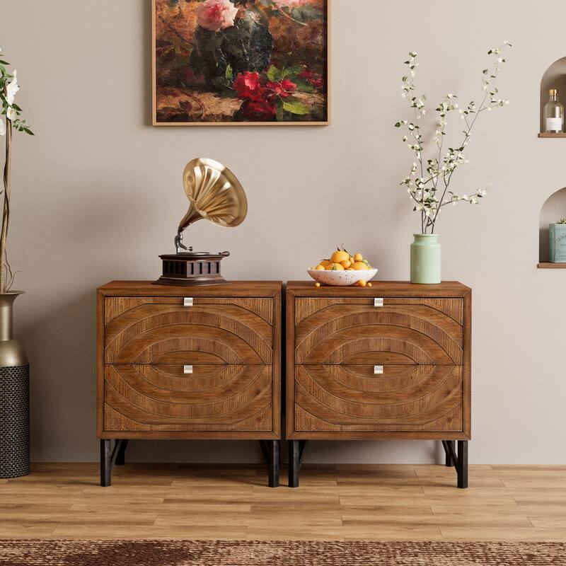 COSIEST Solid Wood Brown Nightstand Set with Drawers