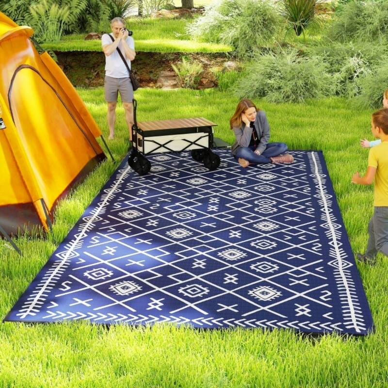 Reversible Outdoor Rug Rhombus Pattern, UV-Protected Foldable Polypropylene Mat with Carry Bag - 215.7" L x 107.9" W - Blue and White